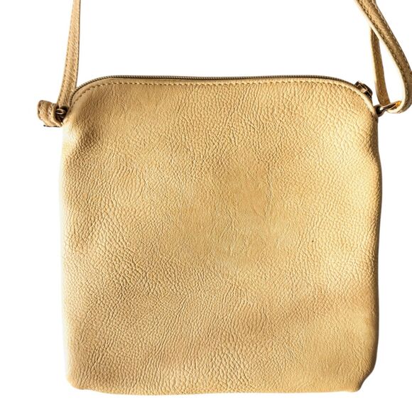 Slim Pebbled Vegan Leather Crossbody Bag Tan Tassels Adjustable Strap 9" x 9" - Picture 2 of 10